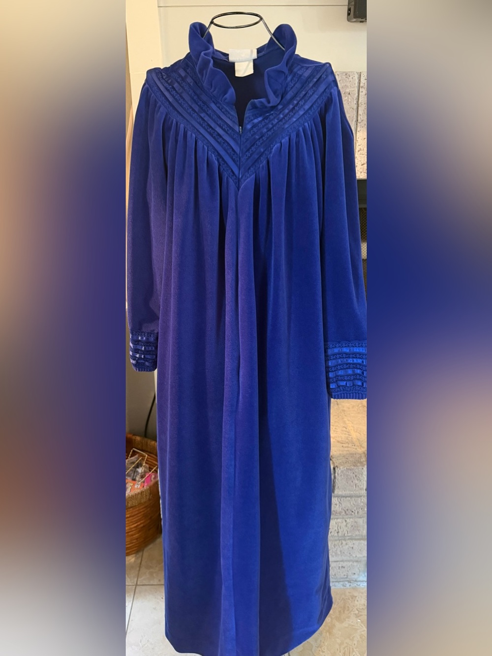 Vintage Gilligan O’Malley Royal Blue Velour Robe Long Housecoat Ruffle Trim M-L